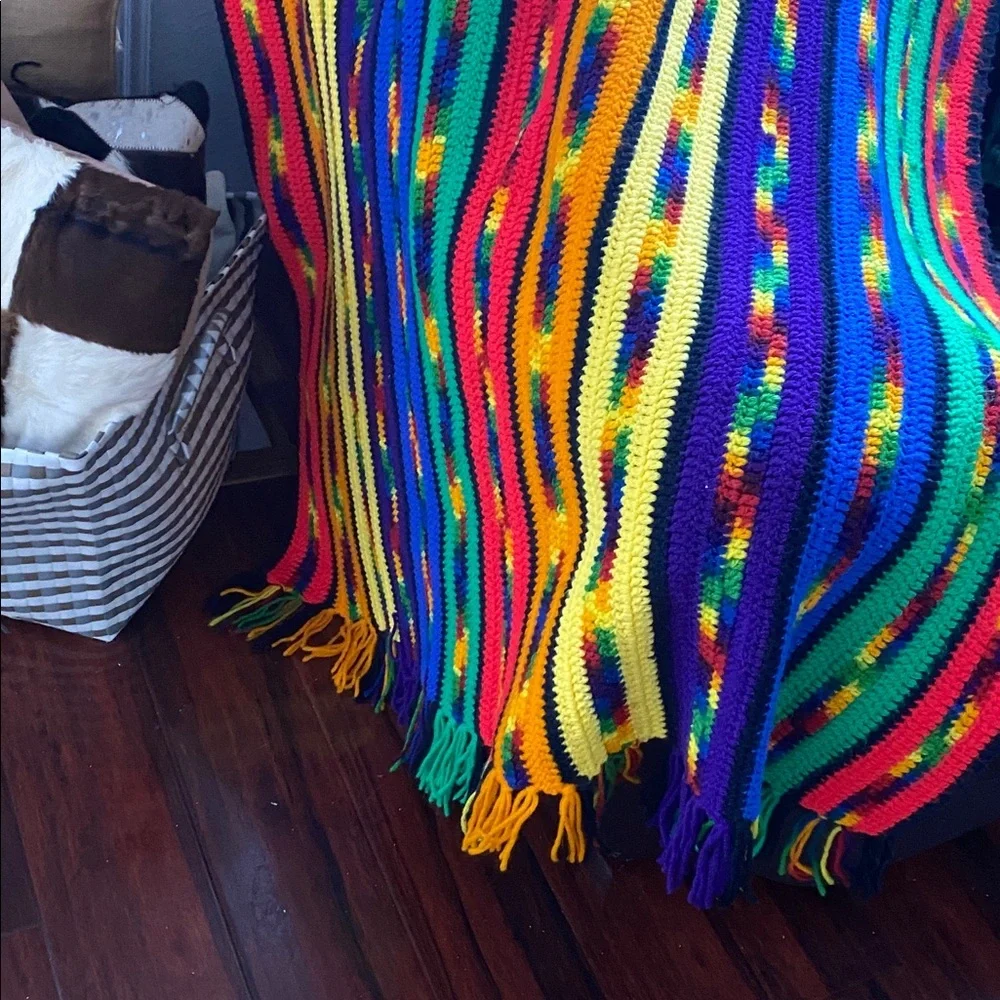 Handmade Vintage Hand-Crocheted Large Rainbow Stripe Throw Blanket 63” x 44”